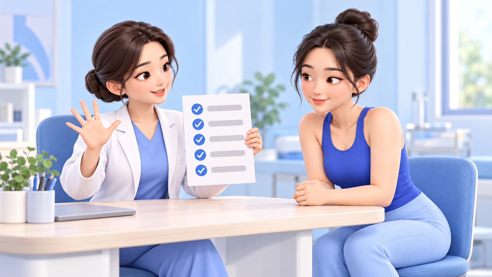 상담실에서 의료진이 다섯 가지 체크 항목이 적힌 종이를 보여 주며 설명하는 모습