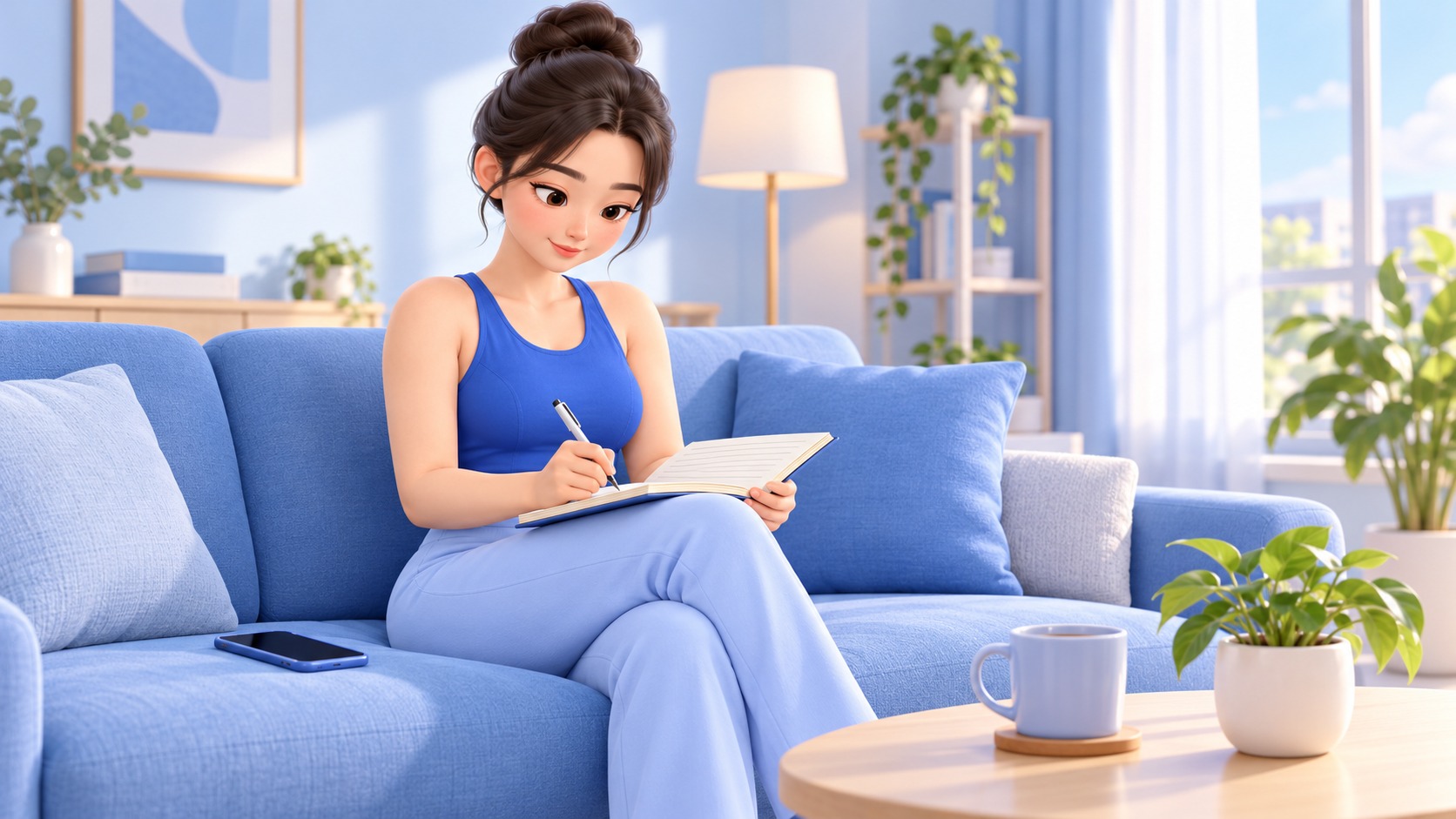 소파에 앉아 상담 때 물어볼 점을 노트에 적는 여성