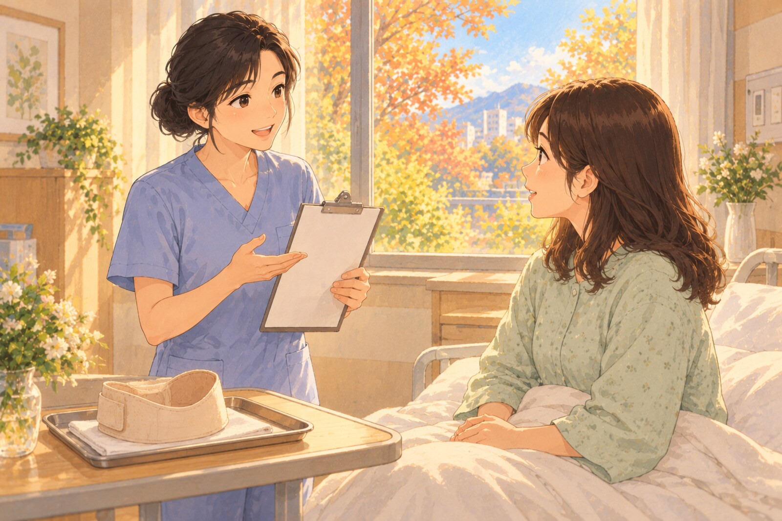 수술 당일 준비실에서 간호사가 진행 순서를 안내하는 장면