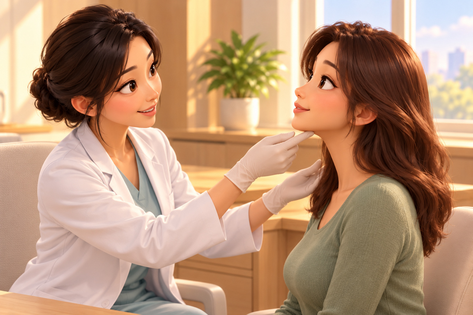 상담실에서 턱선 아래 피부 탄력을 확인하는 모습
