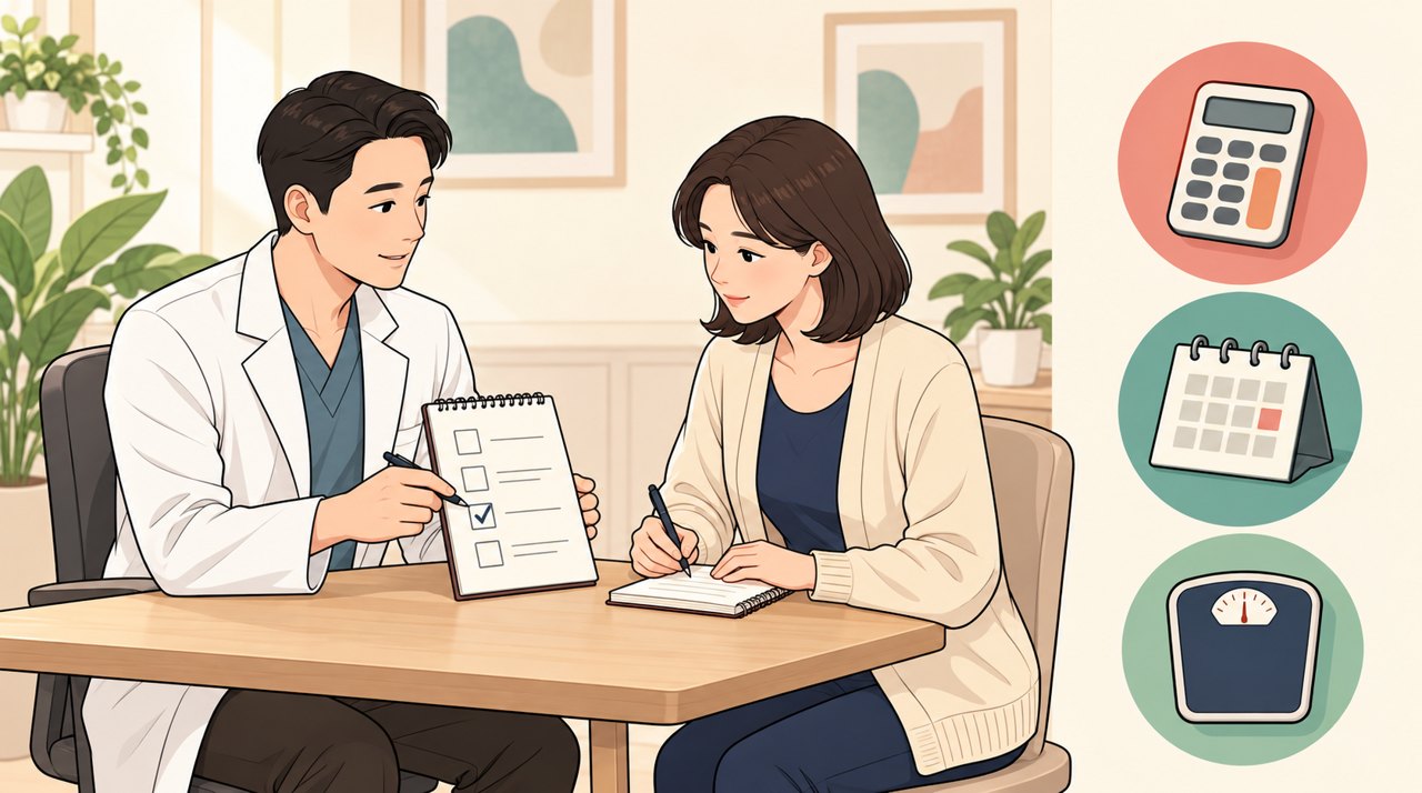 상담실에서 의사와 여성이 체크리스트를 보며 금액과 일정, 체중 관리를 정리하는 웹툰 스타일 일러스트