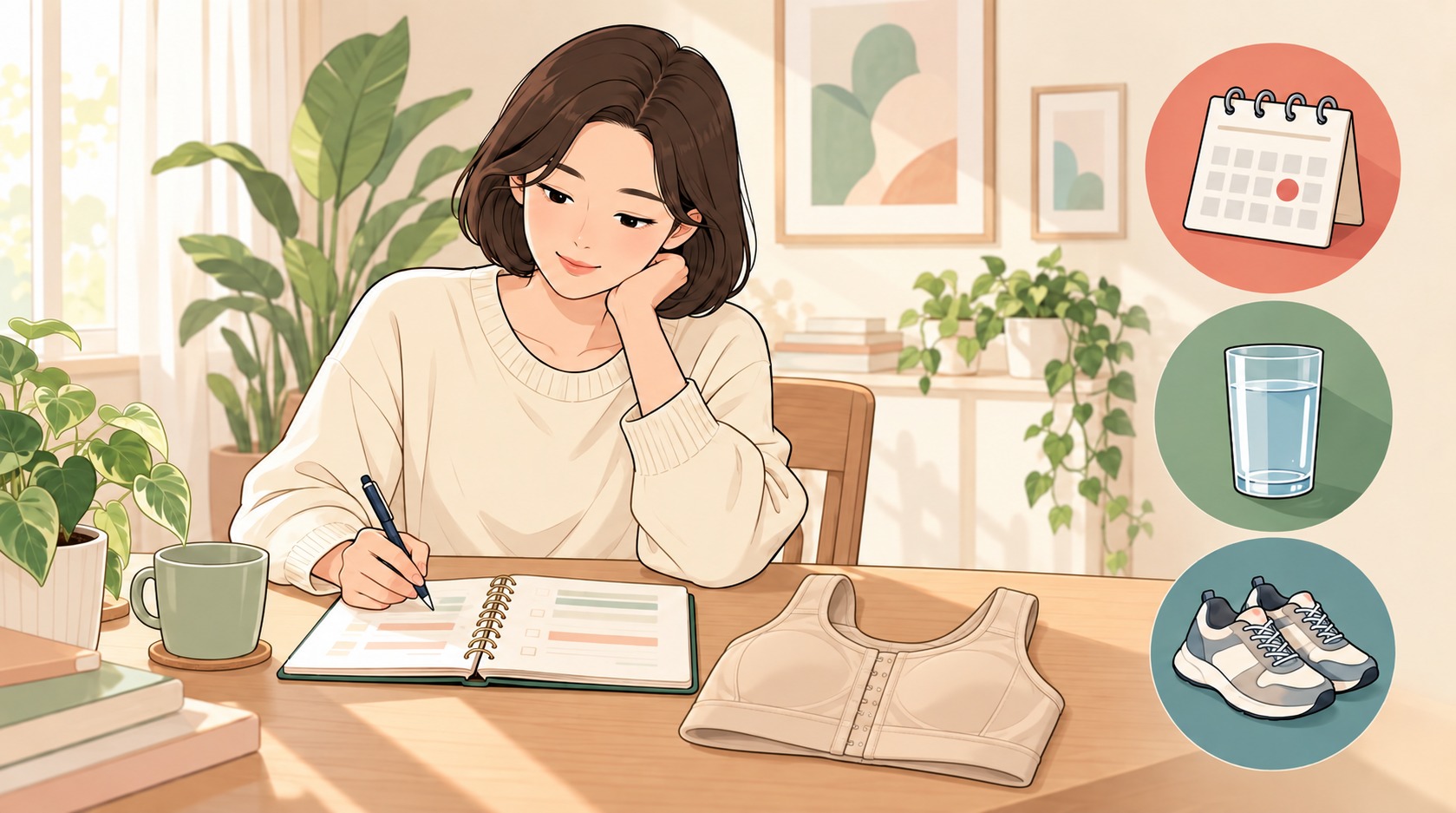 여성이 수술 후 관리 계획을 노트에 적고 탁자에 유방용 압박브라를 둔 웹툰 스타일 일러스트