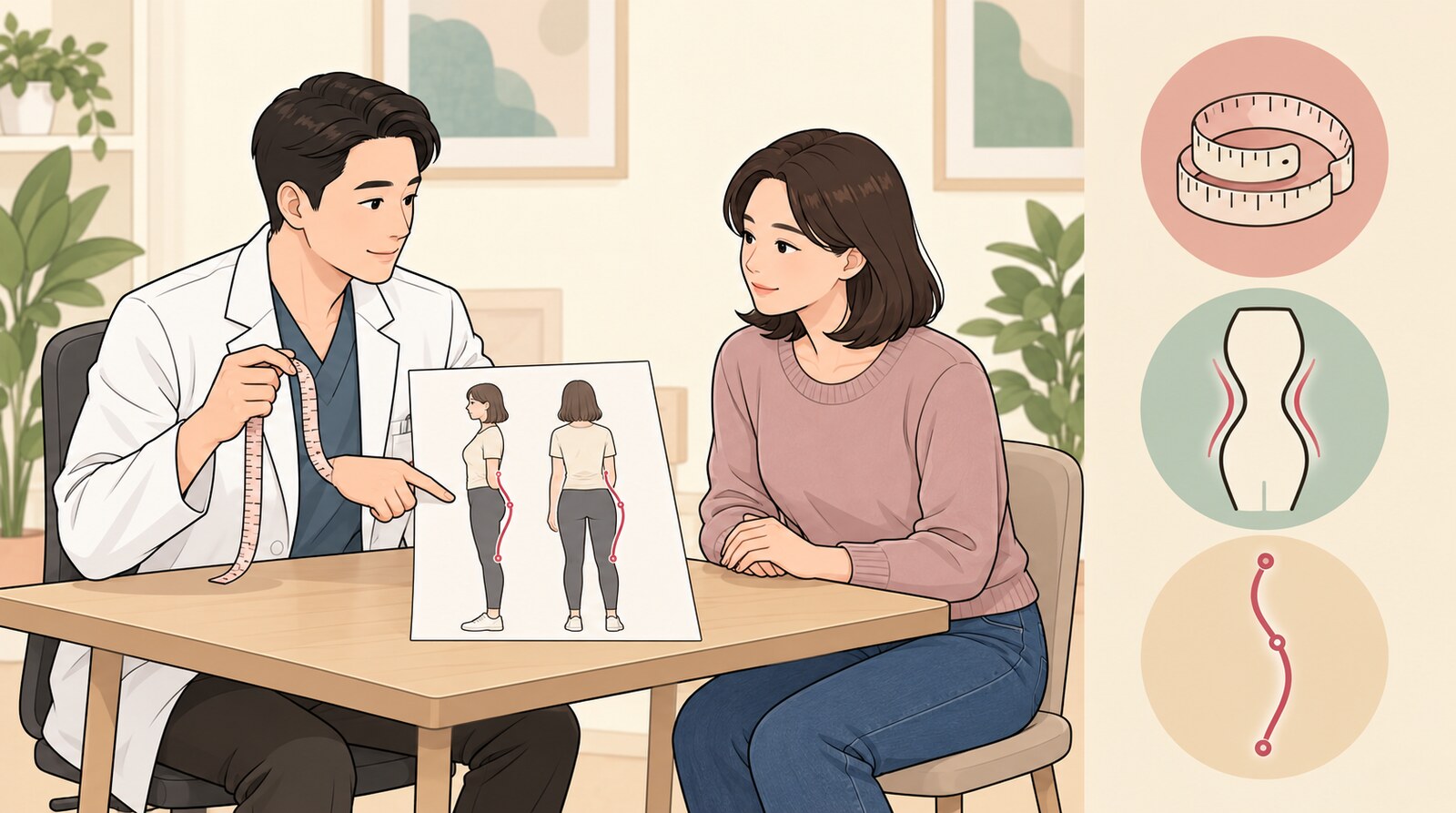 허리·엉덩이·허벅지 바깥쪽을 한 줄로 이어 보며 상담하는 장면