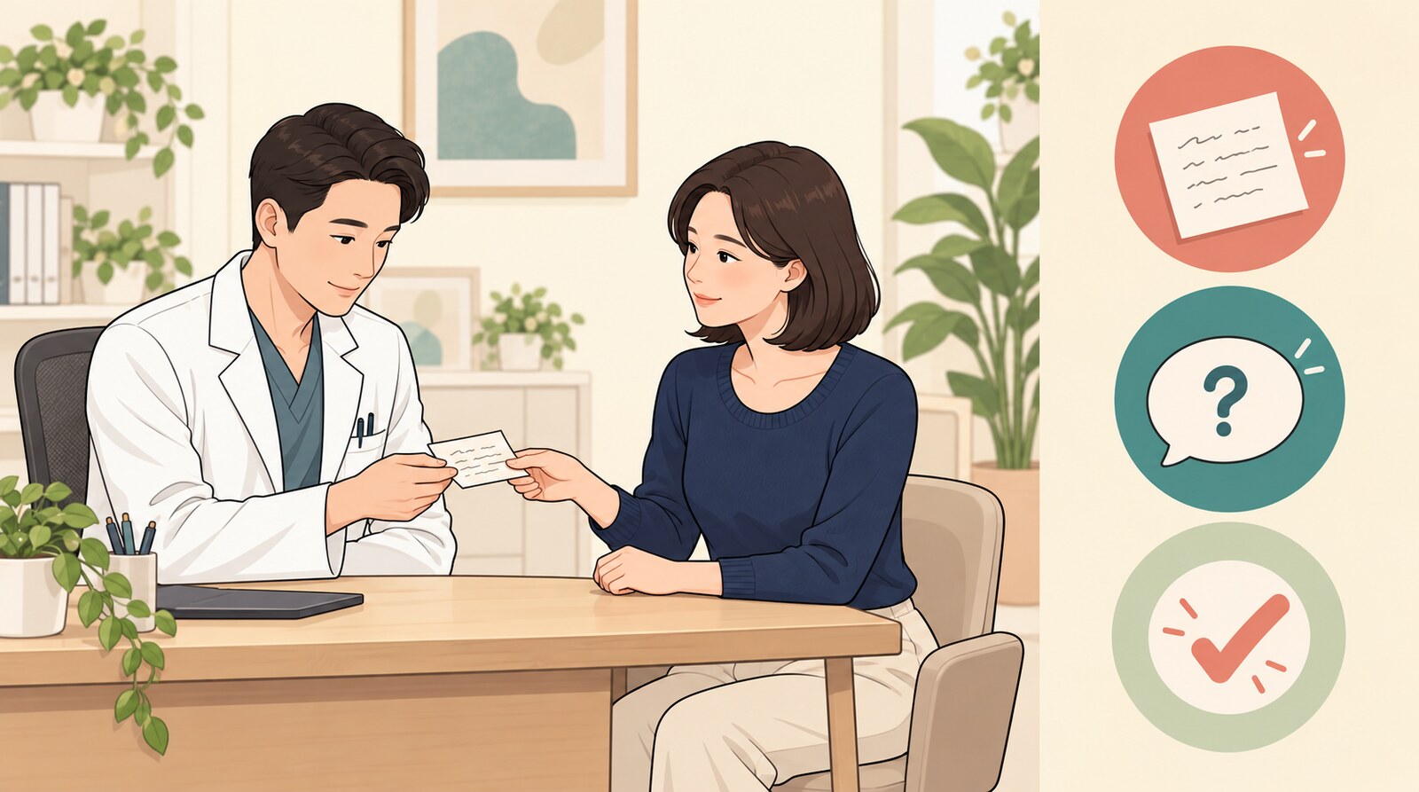 미리 적어 온 질문 메모를 의사에게 건네는 상담 장면