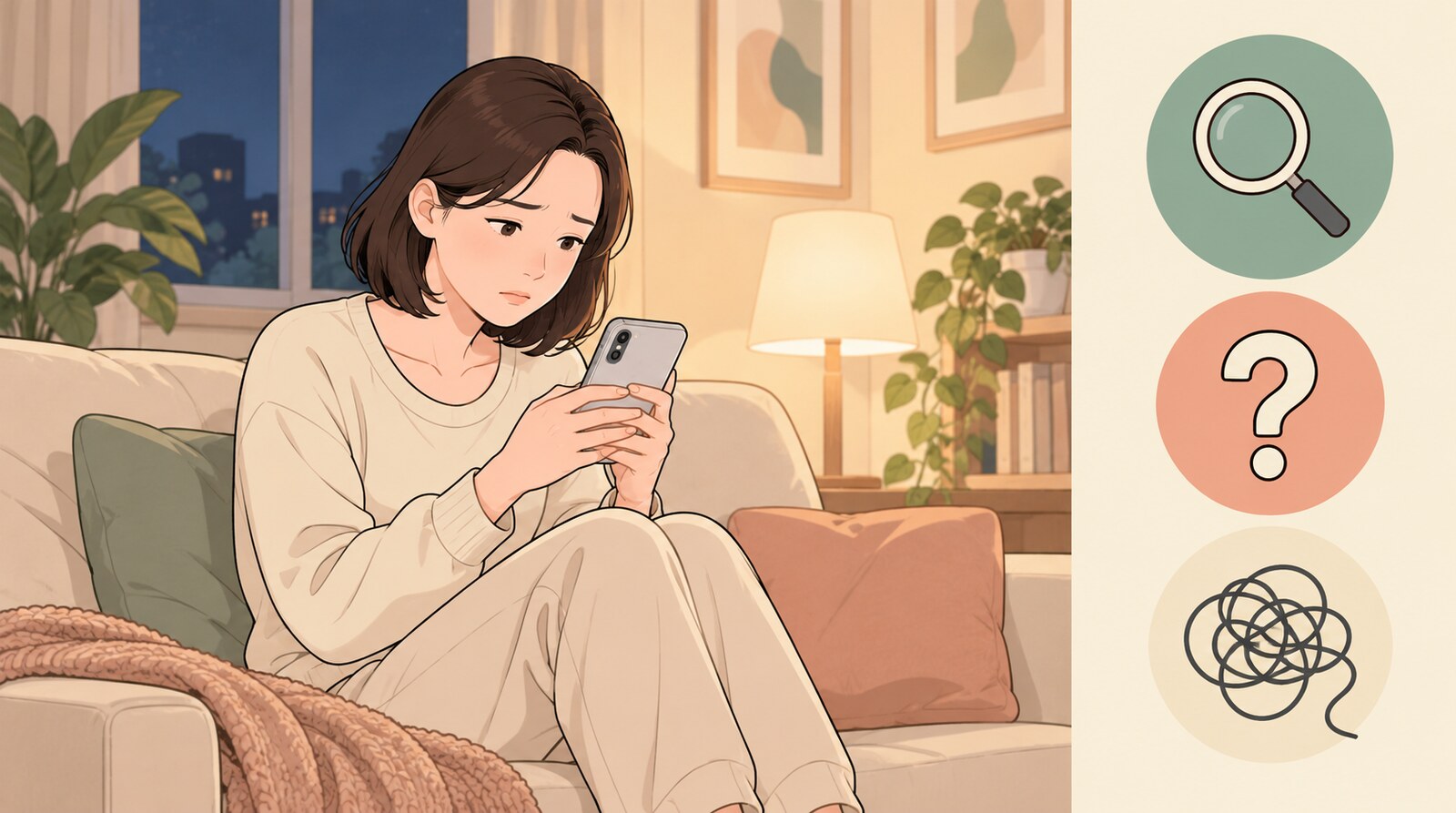 밤늦게 휴대폰으로 엉덩이축소를 검색하며 고민하는 여성