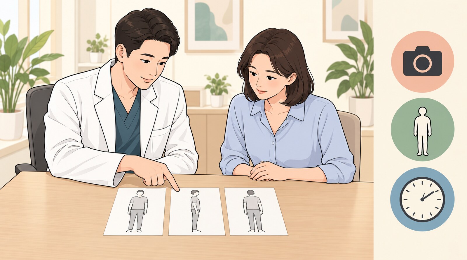 정면·측면·후면을 한 세트로 놓고 전후사진 보는 법을 설명하는 장면