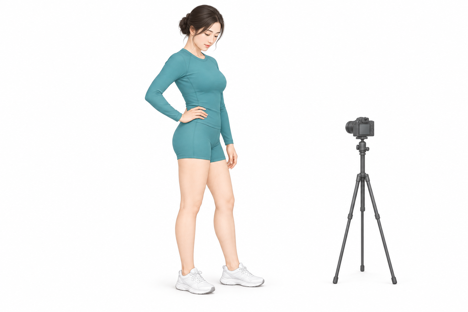흰 배경에서 청록 운동복 차림의 성인 여성이 45도 옆모습으로 서서 자신의 엉덩이 옆선을 내려다보는 벡터 일러스트