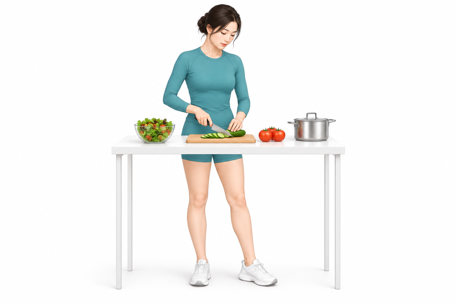 주방 조리대에서 청록 운동복 차림의 성인 여성이 채소를 썰며 건강한 식사를 준비하는 벡터 일러스트