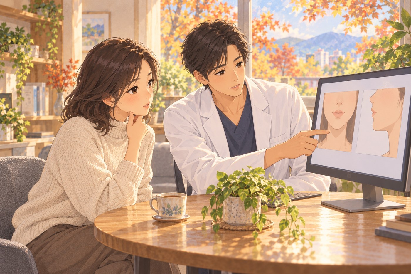 의료진과 모니터의 정면·옆모습 사진을 함께 보며 턱선을 상담하는 여성