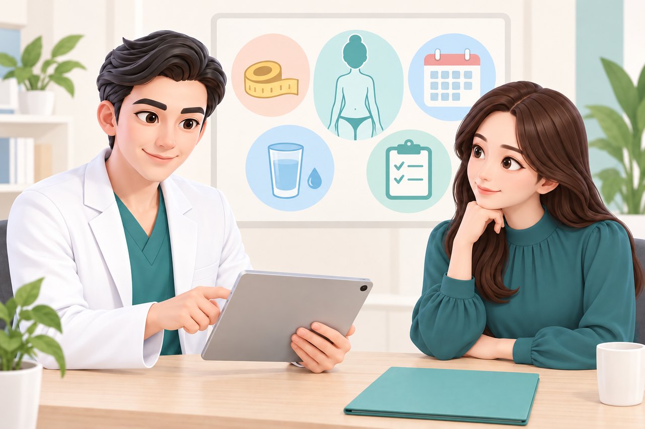 상담실에서 태블릿으로 설명하는 의료진과 듣는 여성 일러스트