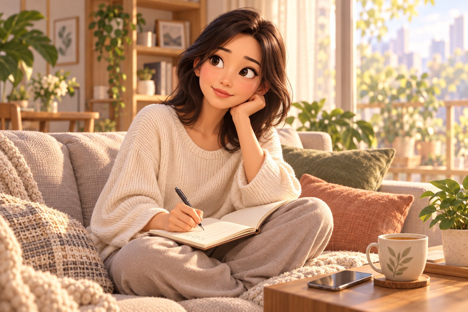 집에서 상담 질문을 노트에 적고 있는 여성 일러스트