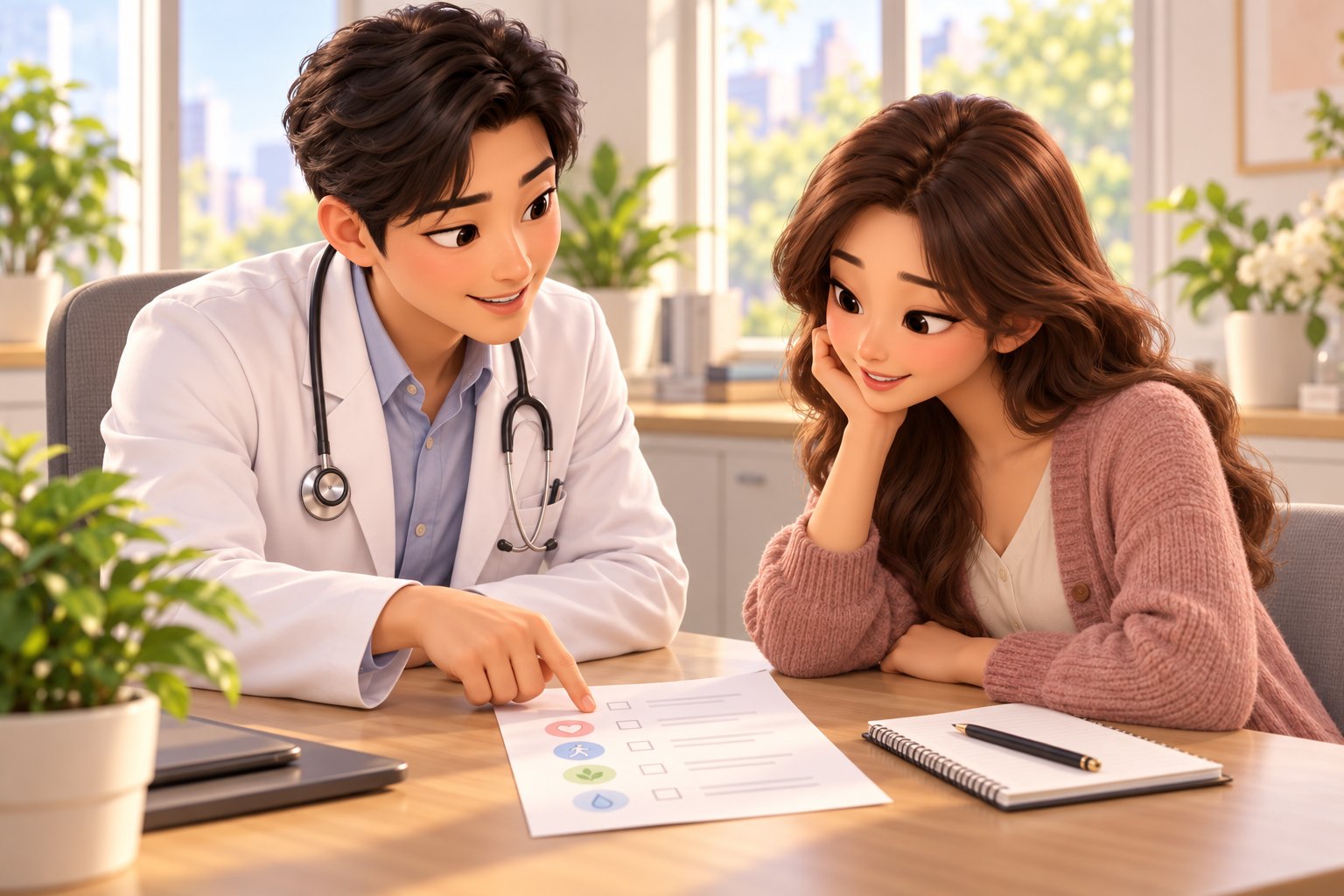 상담실에서 체크리스트를 함께 보며 이야기하는 의사와 여성 환자 일러스트