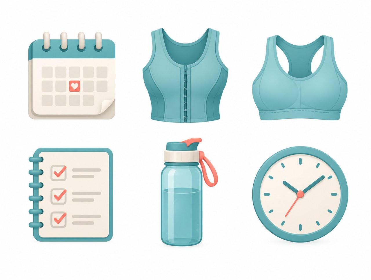 캘린더·압박복·스포츠브라·체크리스트·물병·시계 아이콘 일러스트 — 수술 일정 준비