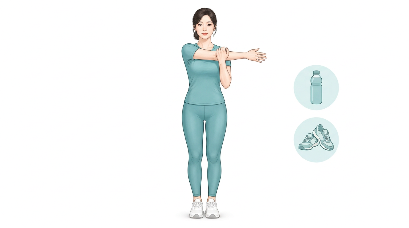 팔을 가슴 앞에서 가볍게 스트레칭하는 여성 일러스트 — 일상 복귀 후 가벼운 활동