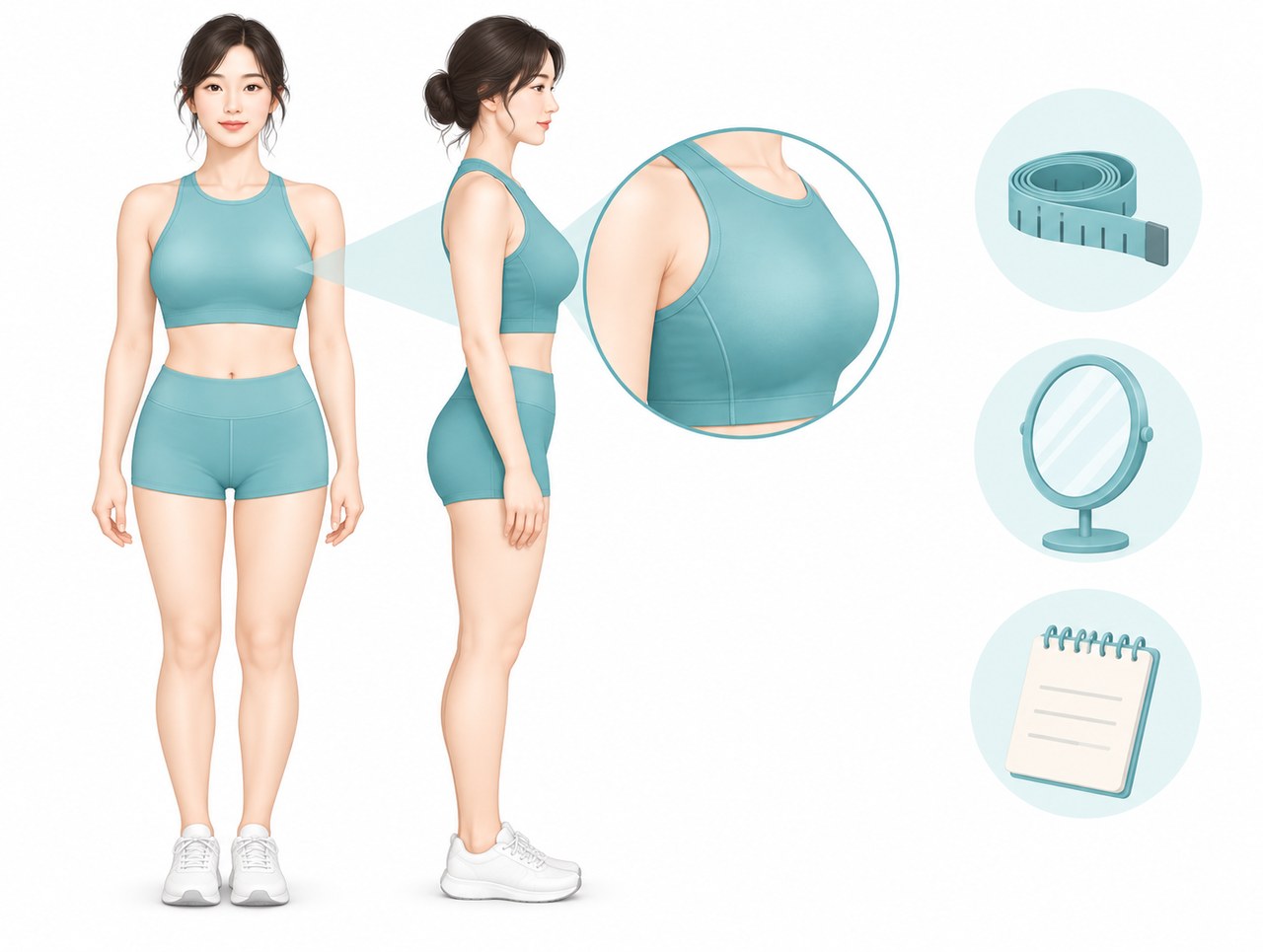 유방 고민 유형을 확대해 보여주는 일러스트 — 정면·측면 체형과 줄자·거울·메모 아이콘
