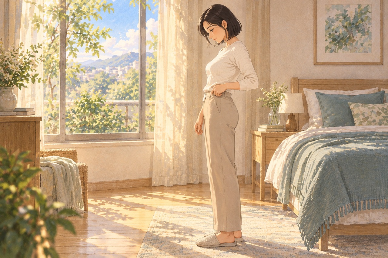 옷을 입은 성인 여성이 햇살 드는 방에서 옆모습으로 서서 바지 맵시를 살펴보는 손그림 애니메이션풍 일러스트