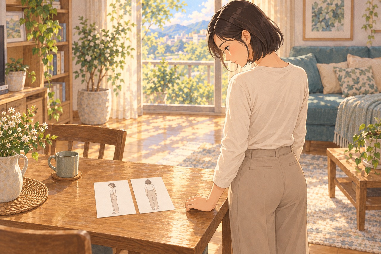 집 거실에서 성인 여성이 탁자 위에 놓인 옆모습·뒷모습 손그림 실루엣 카드 두 장을 나란히 놓고 살펴보는 손그림 애니메이션풍 일러스트