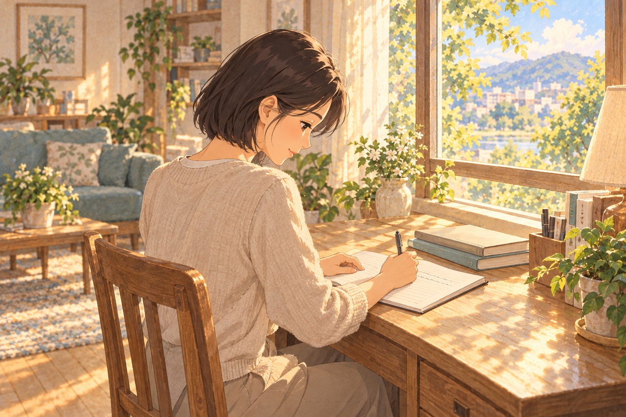 집에서 여성이 상담에서 물어볼 내용을 노트에 정리하는 손그림 일러스트