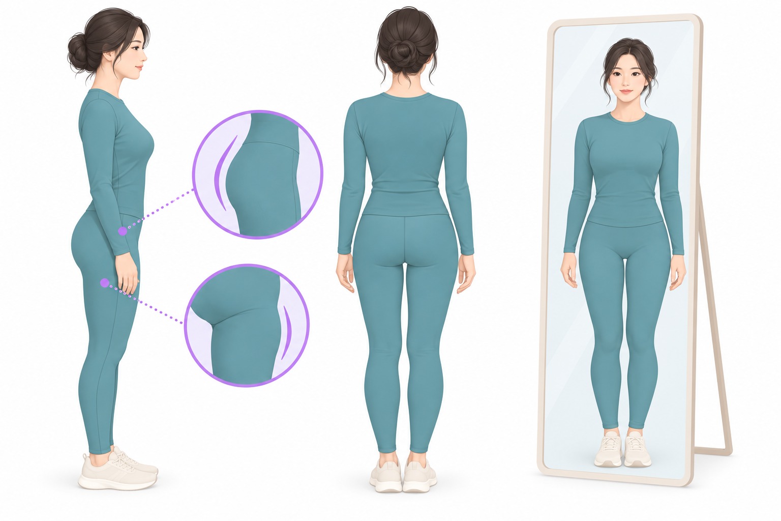 거울 앞에서 측면과 후면 체형을 확인하며 엉덩이 윤곽과 허벅지 연결 부위를 확대해 보여 주는 벡터 일러스트