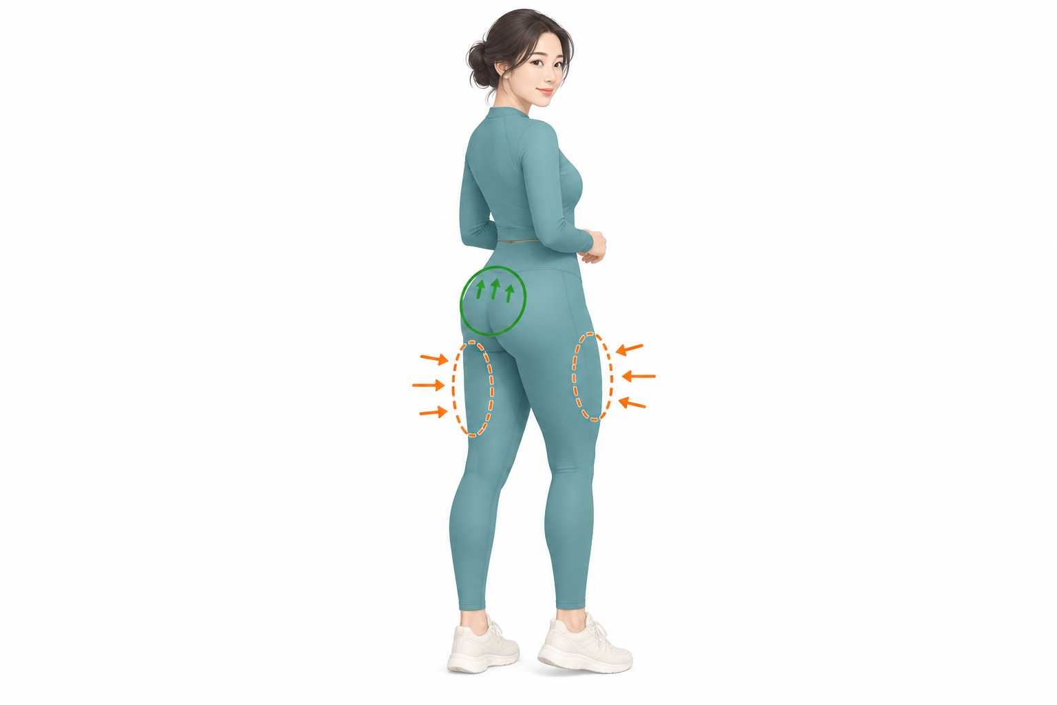한 명의 체형 도식에 줄일 부위는 주황색, 채울 수 있는 상방 볼륨 부위는 초록색으로 표시한 설계 일러스트