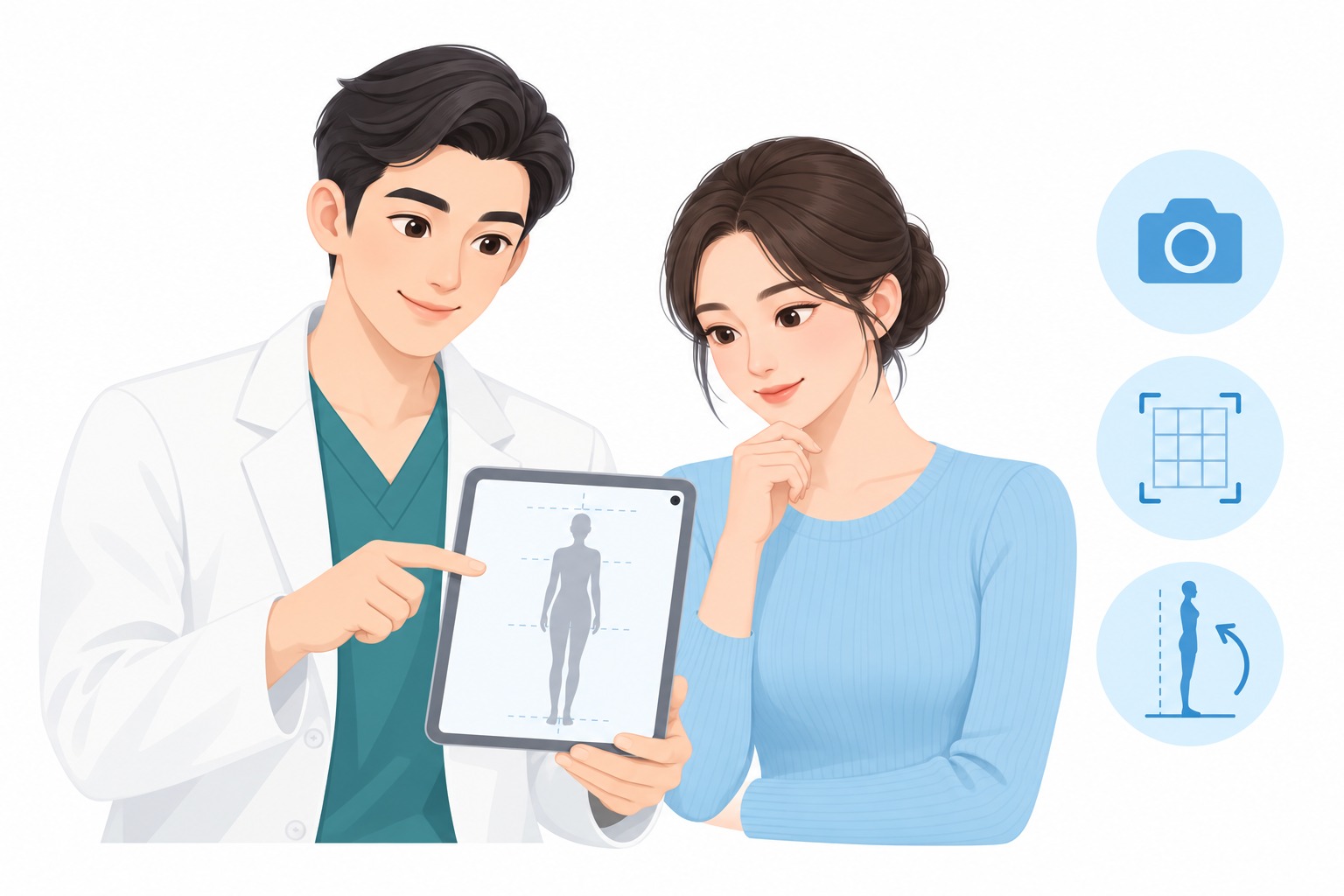 태블릿의 체형 사진을 함께 보며 배경과 자세, 각도를 확인하는 상담 장면 벡터 일러스트