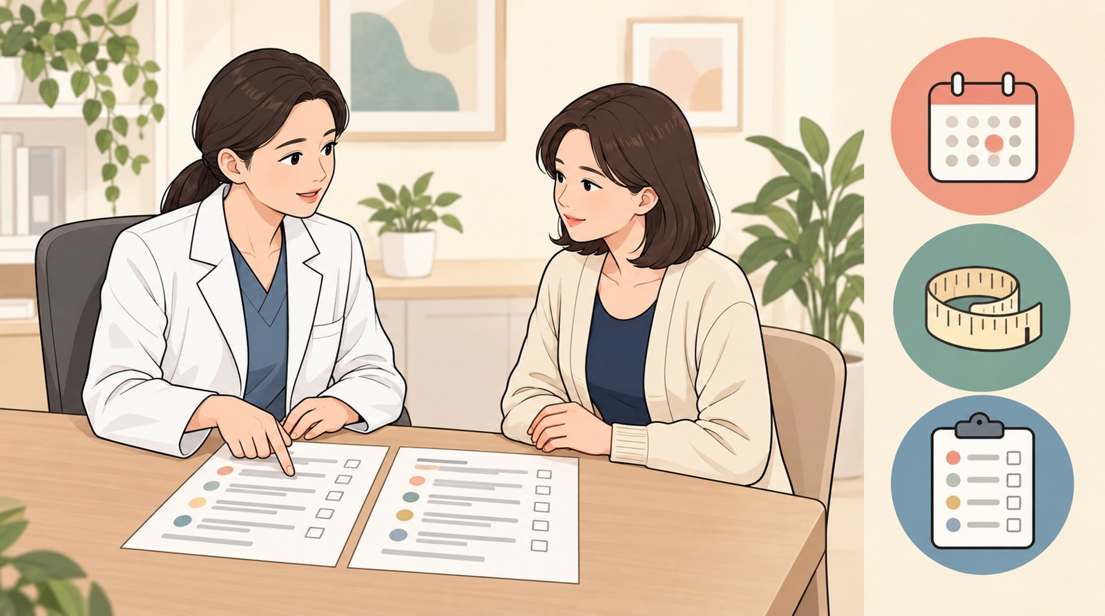 상담 책상 위에 놓인 두 장의 옵션 안내지를 의사가 짚어 가며 환자에게 설명하는 웹툰풍 일러스트