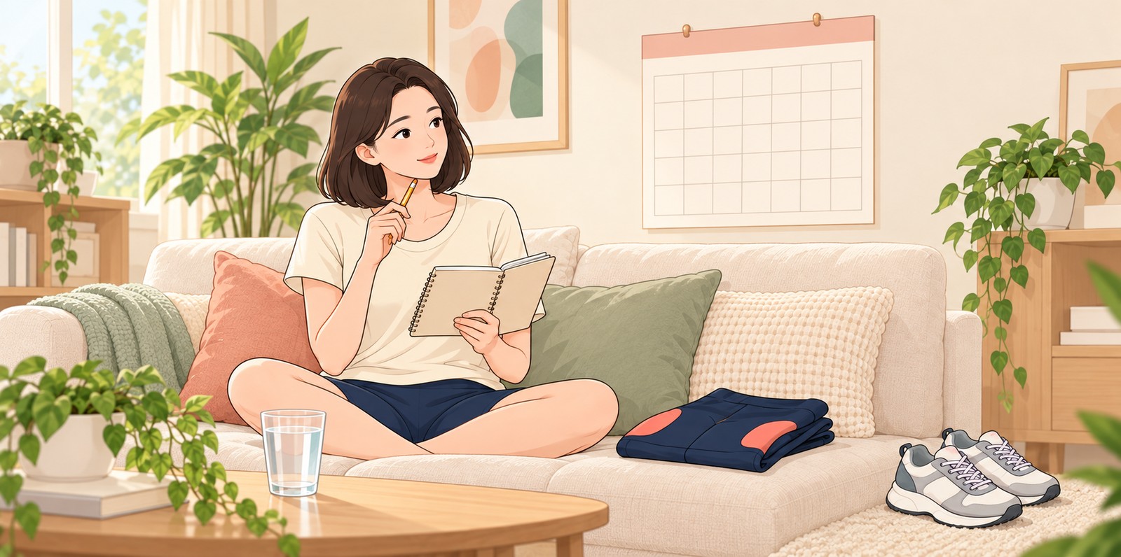 소파에 앉아 수첩으로 회복 일정과 생활 계획을 준비하는 여성의 웹툰풍 삽화