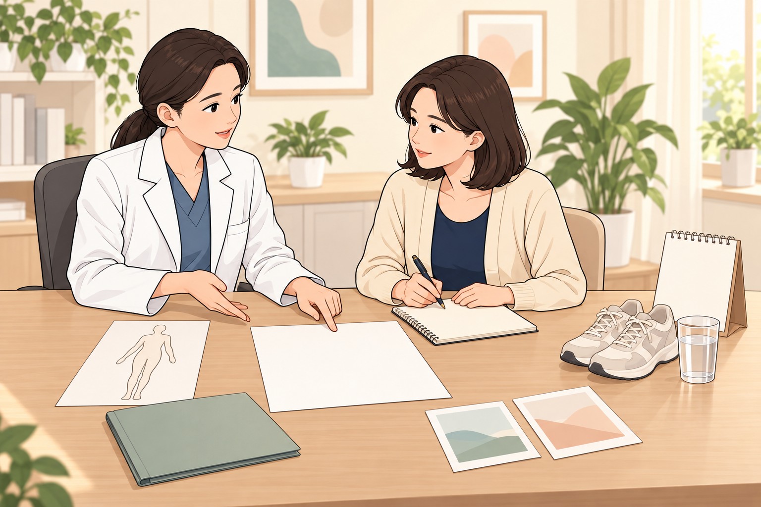 의사와 환자가 수술 범위와 이전 수술 이력, 사진 고지, 회복 계획을 함께 확인하는 웹툰풍 삽화