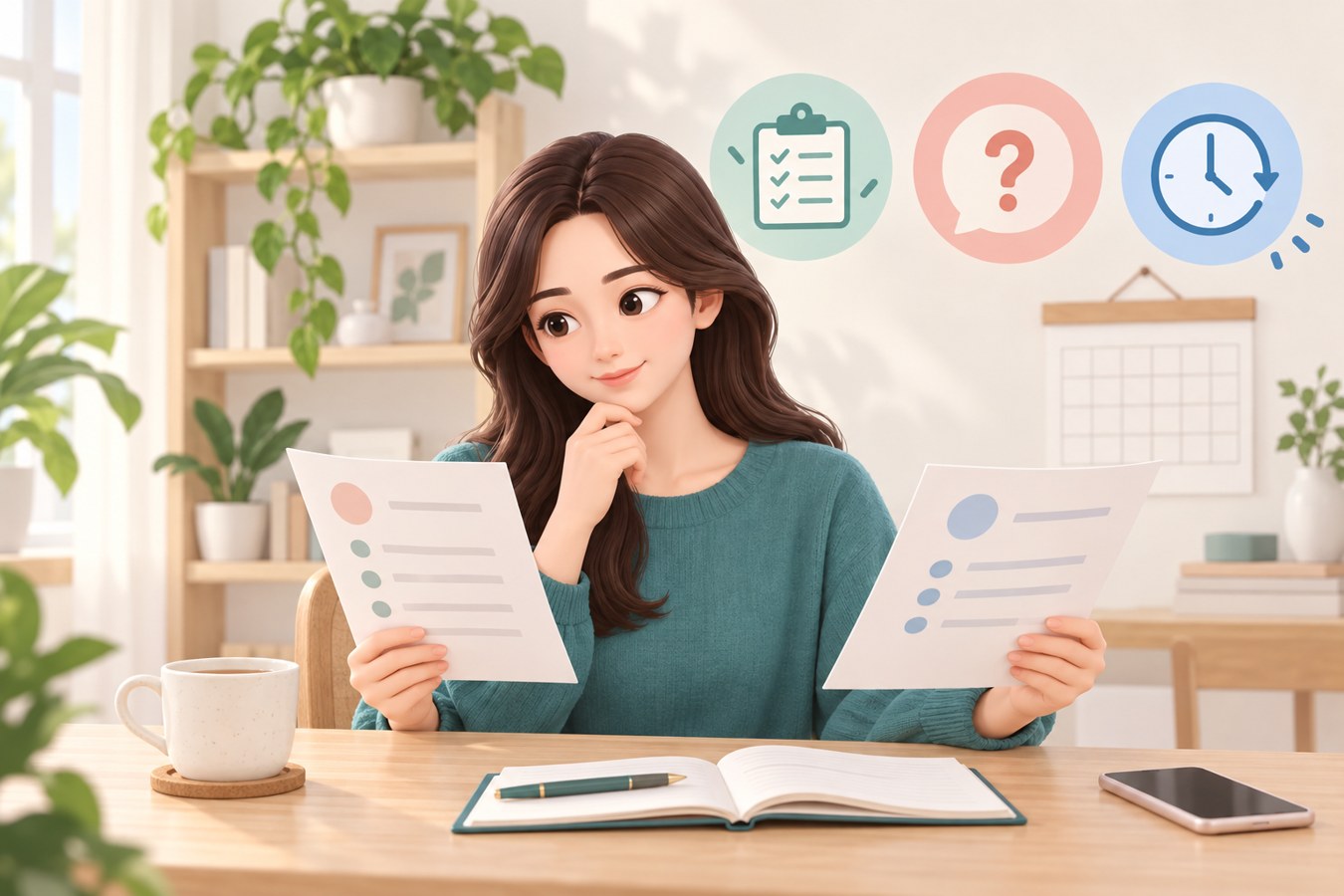 집에서 노트와 두 장의 상담 자료를 비교하며 수술 범위와 일정을 생각하는 여성의 3D 일러스트