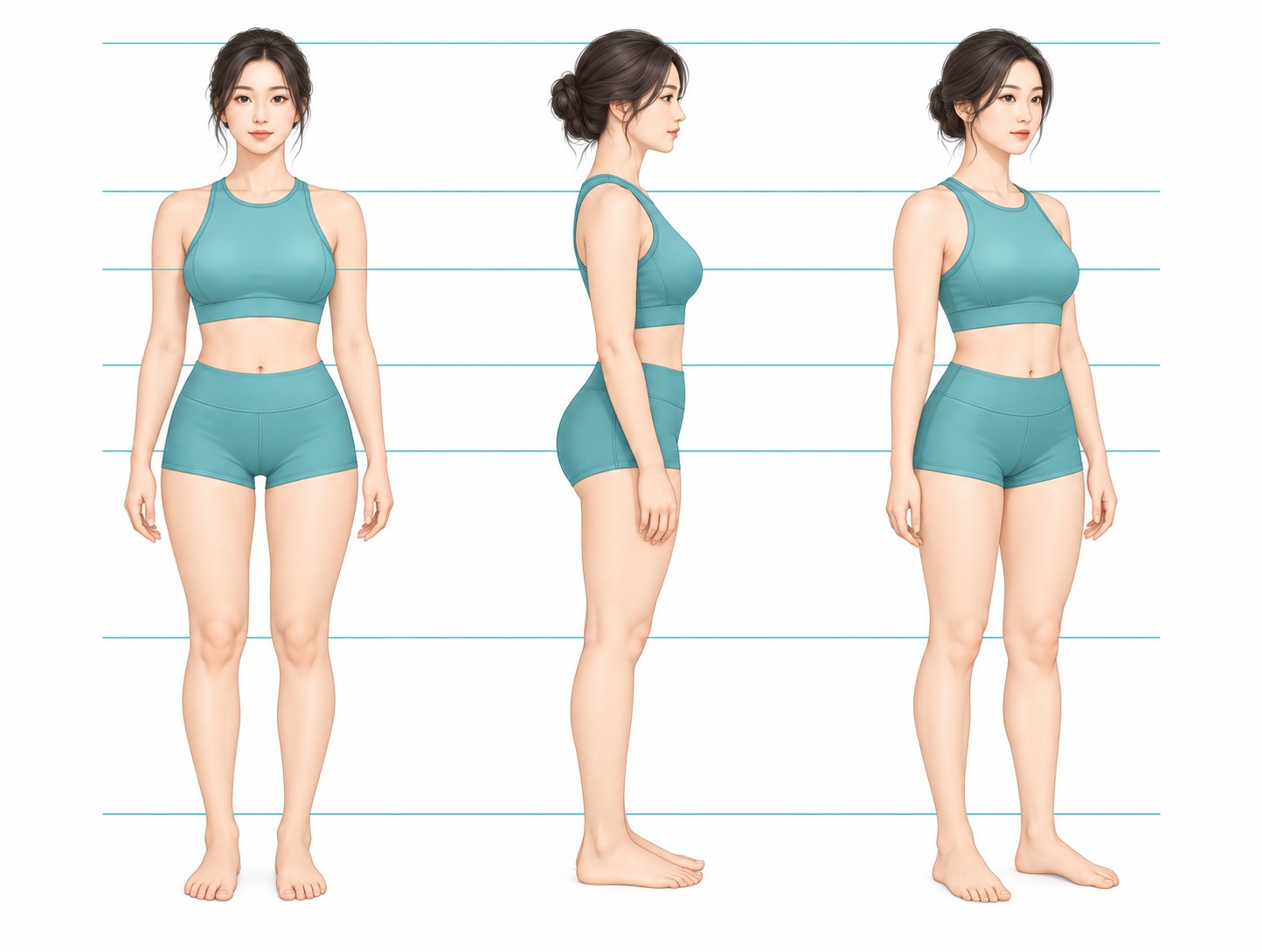 같은 높이의 기준선 위에 정면·측면·사선 자세의 여성 체형을 나란히 놓고 비교하는 벡터 삽화