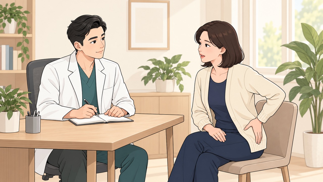 상담실에서 의사가 환자의 이야기를 들으며 메모하고, 환자가 신경 쓰이는 부위를 설명하는 장면