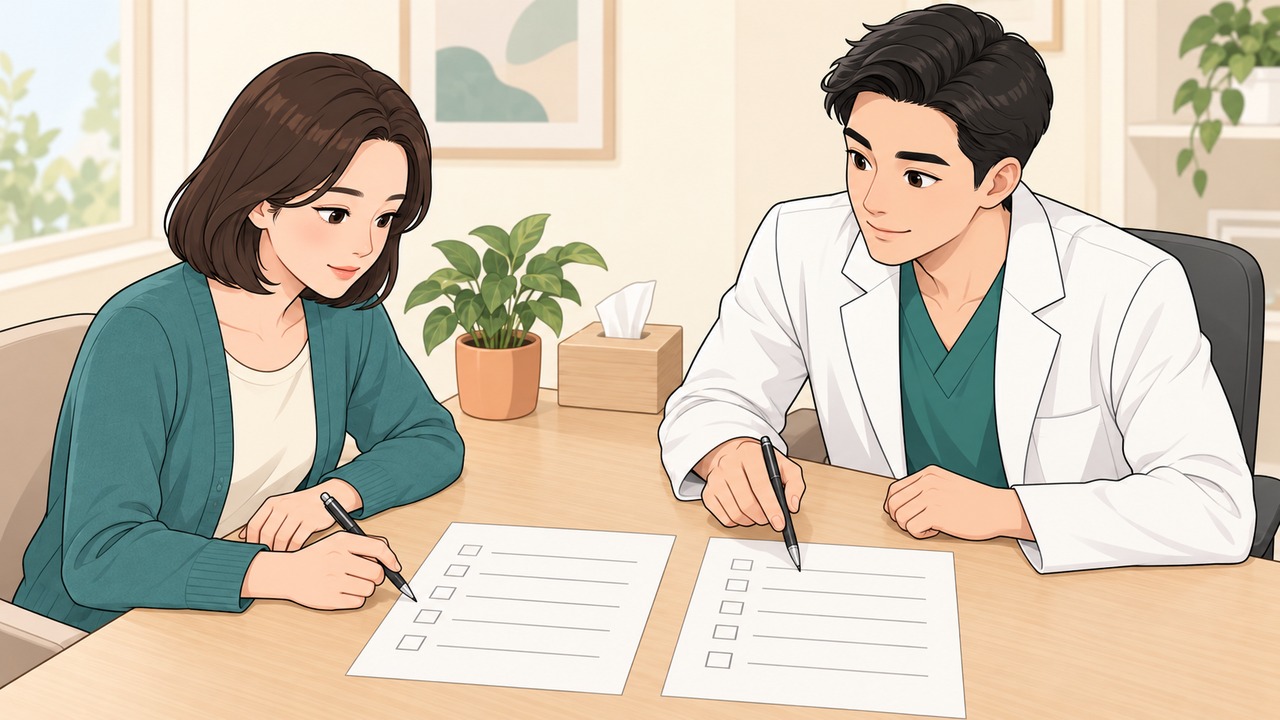 상담 책상에서 환자가 체크리스트에 표시하고 의사가 다른 용지의 항목을 짚는 장면