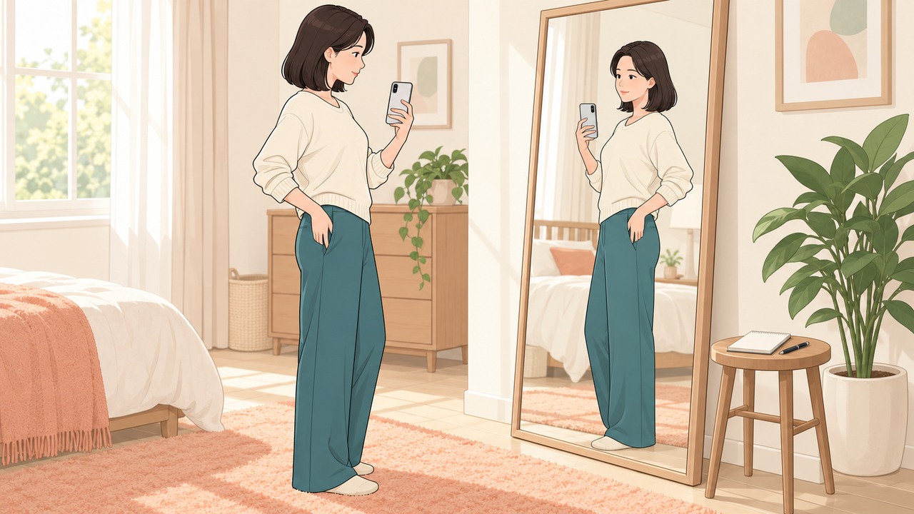 거울 앞에 서서 신경 쓰이는 옆선을 살피며 서 있는 모습을 사진으로 남기는 여성