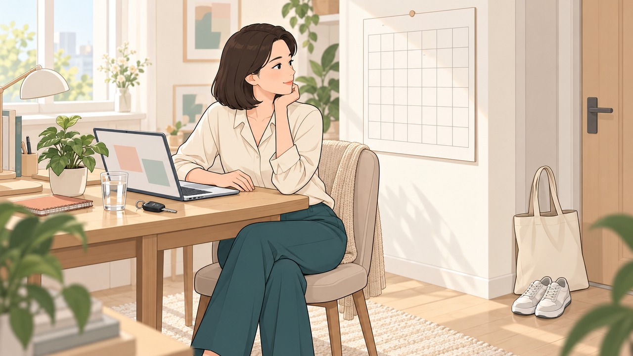 집 책상에서 노트북·자동차 키·운동화·달력을 두고 복귀 일정을 생각하는 여성