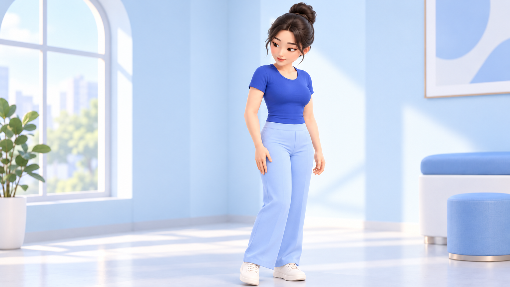 혼자 서서 허벅지 바깥 옆선을 확인하는 여성 3D 만화 삽화