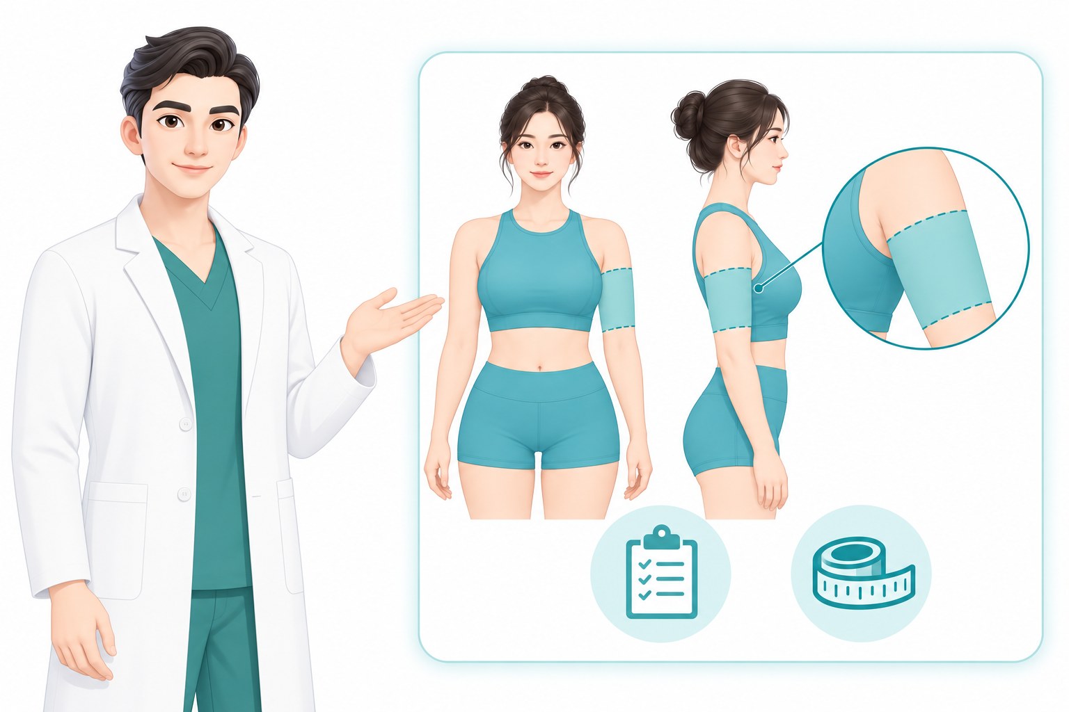김학준 부원장 캐릭터가 팔 부위 안내 차트를 설명하는 벡터 일러스트