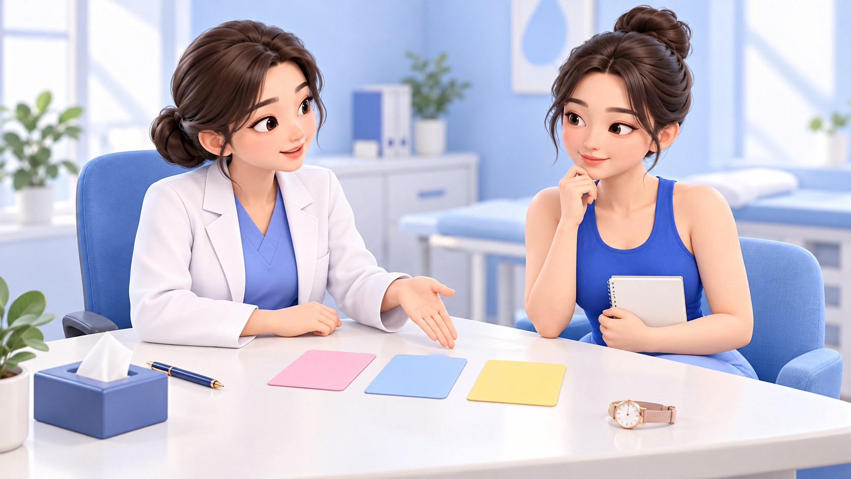 상담실에서 의사가 세 장의 카드를 펼쳐 놓고 환자에게 선택지를 설명하는 3D 만화 일러스트