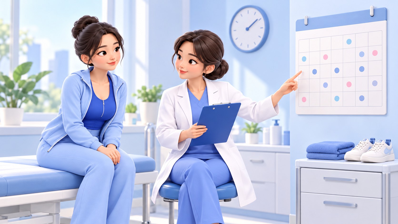 달력을 가리키며 수술 후 관리 일정을 설명하는 의사와 환자의 3D 만화 일러스트