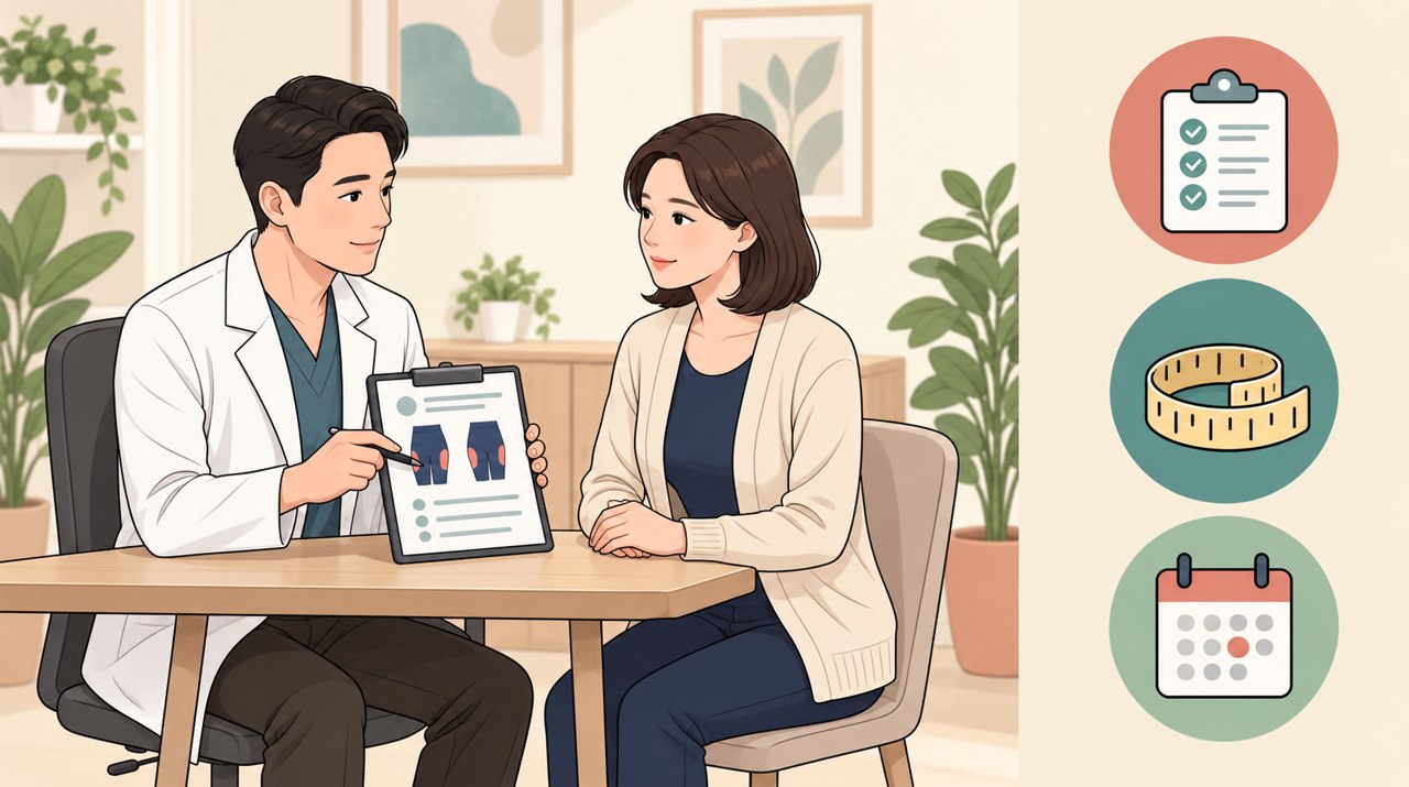 진료실에서 의사가 환자에게 수술 범위와 일정을 설명하는 웹툰 스타일 삽화