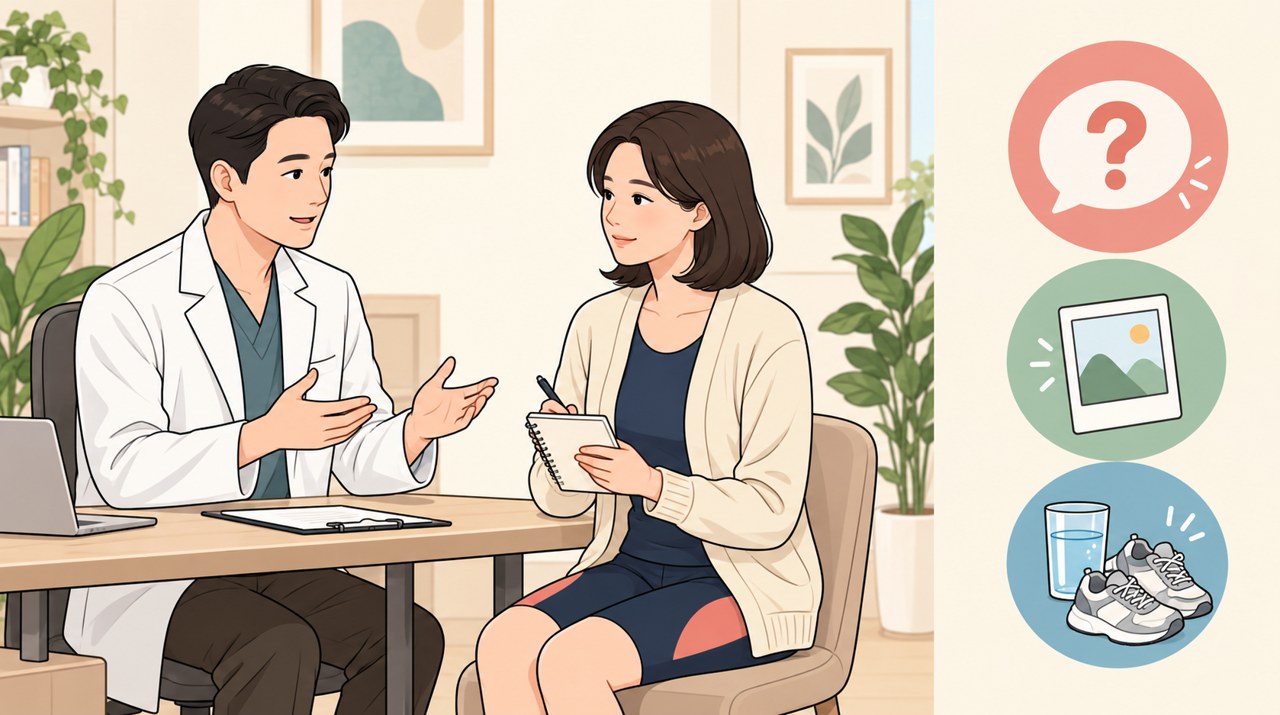 진료실에서 의사와 환자가 신체 라인 도안을 함께 보며 상담하는 웹툰 스타일 삽화