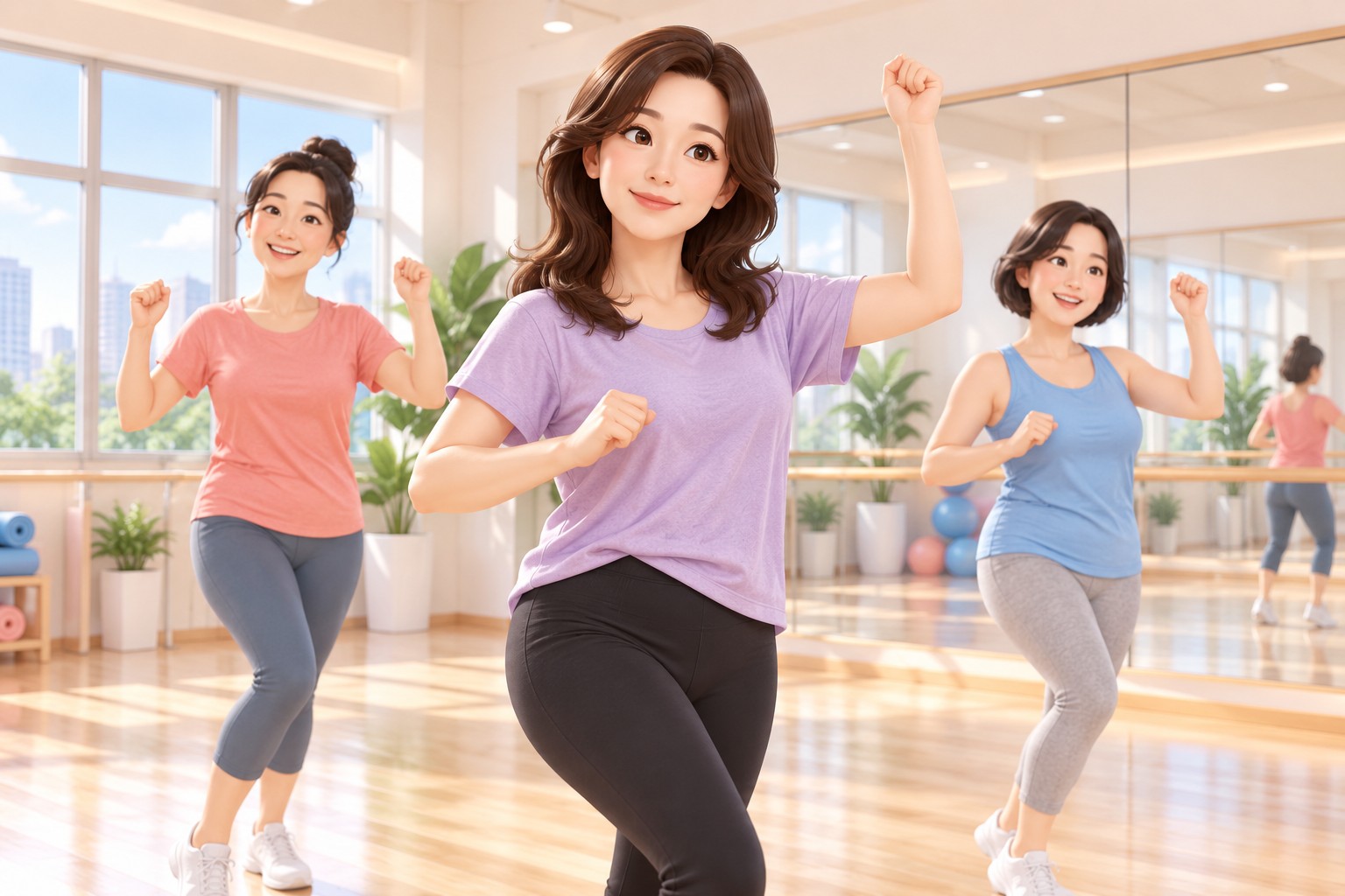 밝은 스튜디오에서 에어로빅 수업에 참여해 팔을 올리고 운동하는 여성 3D 일러스트 — 지방흡입 후 4주 뒤 활발한 운동 재개