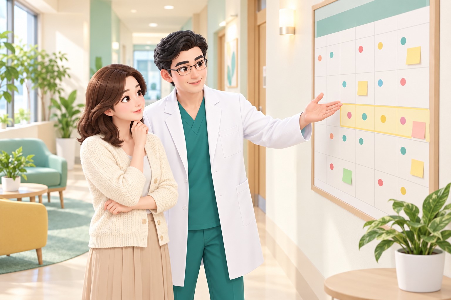 의사와 환자가 벽 달력을 보며 수술 후 회복 일정을 함께 정하는 3D 일러스트 — 가슴축소 지방흡입 일정 계획