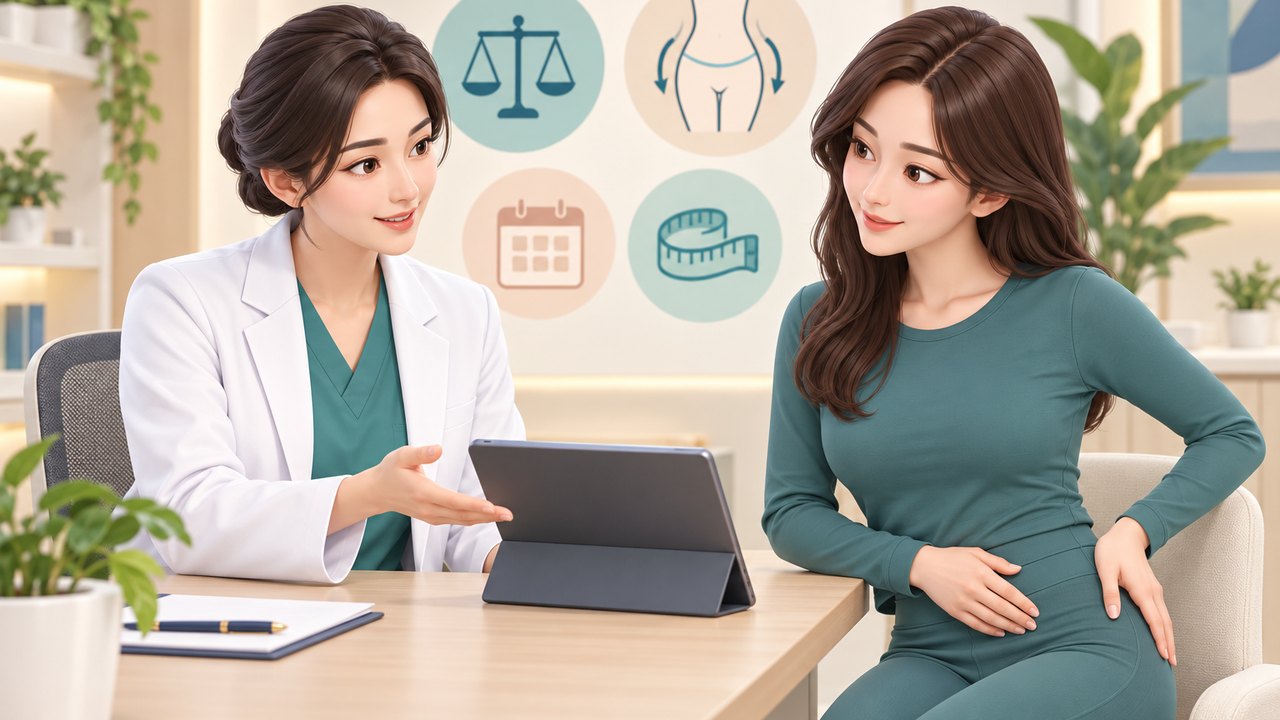 허리와 엉덩이 라인을 신경 쓰며 손을 허리에 올린 여성 3D 일러스트