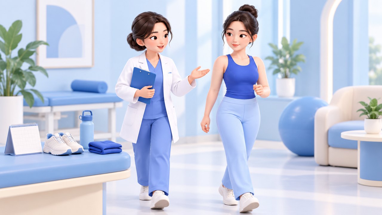 수술 후 회복 일정과 점진적 활동을 설명하는 3D 만화 일러스트