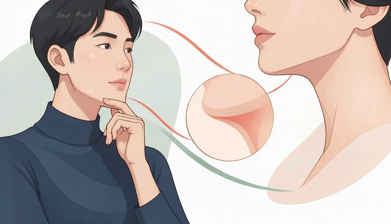 턱밑과 목선 윤곽을 살펴보는 남성 가상 벡터 의료 일러스트