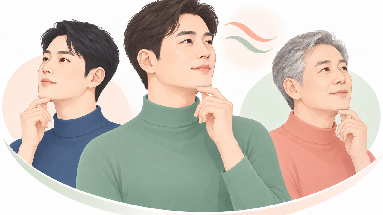 연령대에 따라 턱밑 피부 상태를 살펴보는 남성 가상 벡터 의료 일러스트