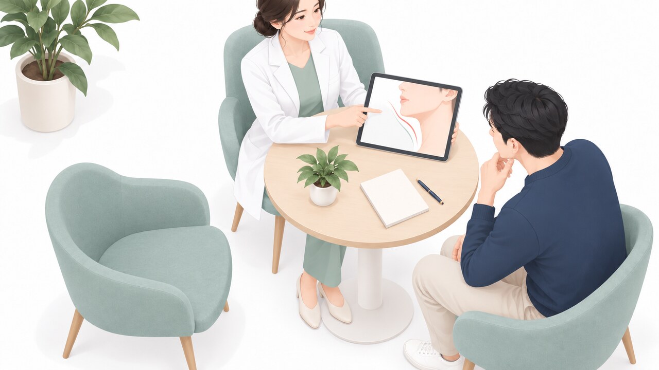 상담실에서 턱밑 윤곽과 수술 범위를 설명하는 남성 가상 벡터 의료 일러스트
