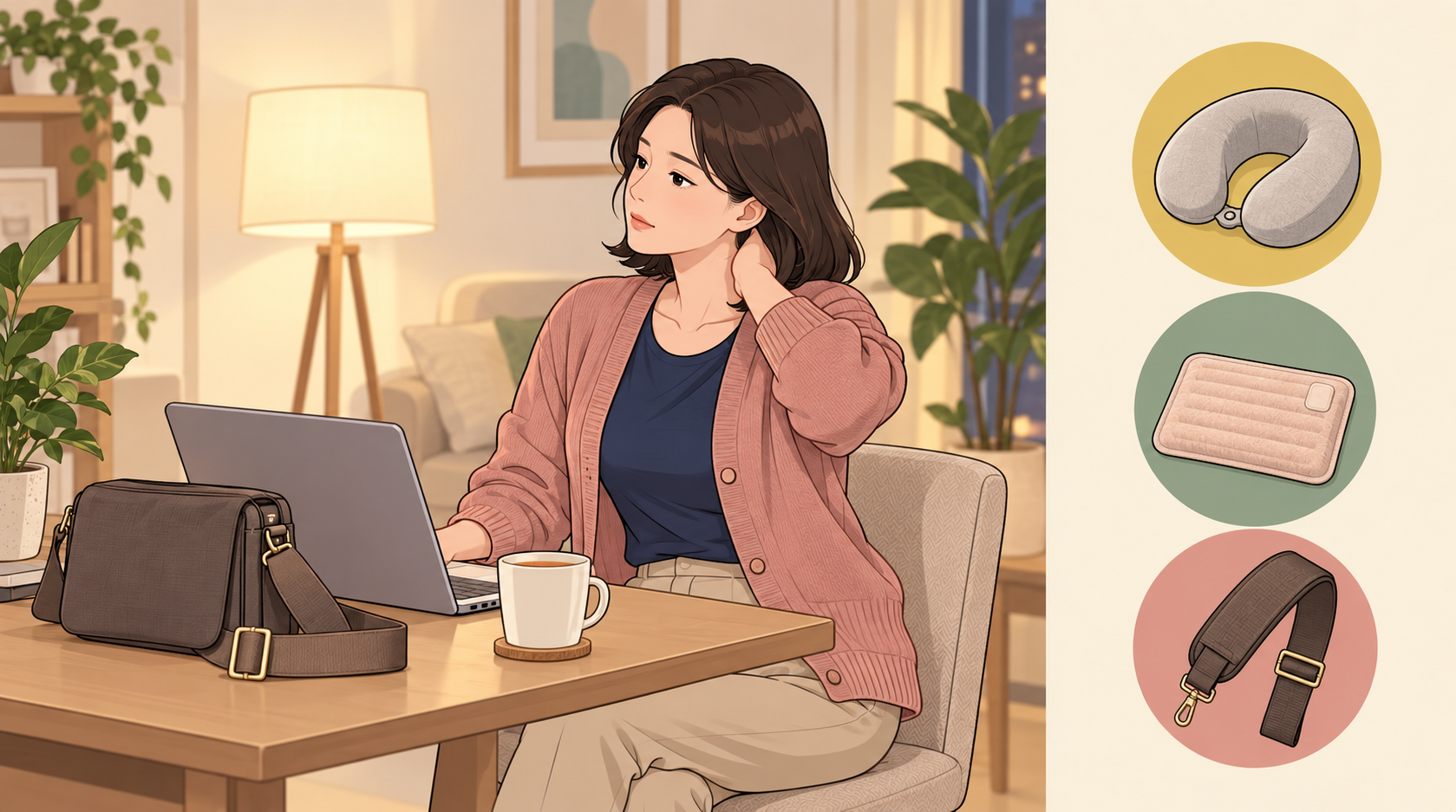 책상에 앉아 목 뒤를 짚으며 어깨를 펴는 여성과 목베개·온찜질팩·넓은 어깨끈 아이콘 일러스트