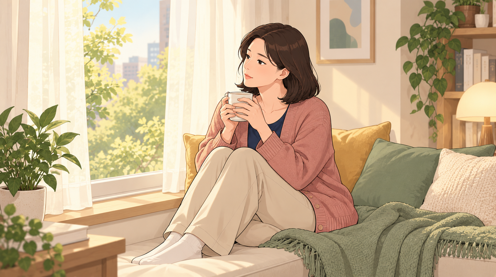 밝은 창가 의자에 편한 옷차림으로 앉아 따뜻한 차를 들고 쉬는 여성 일러스트