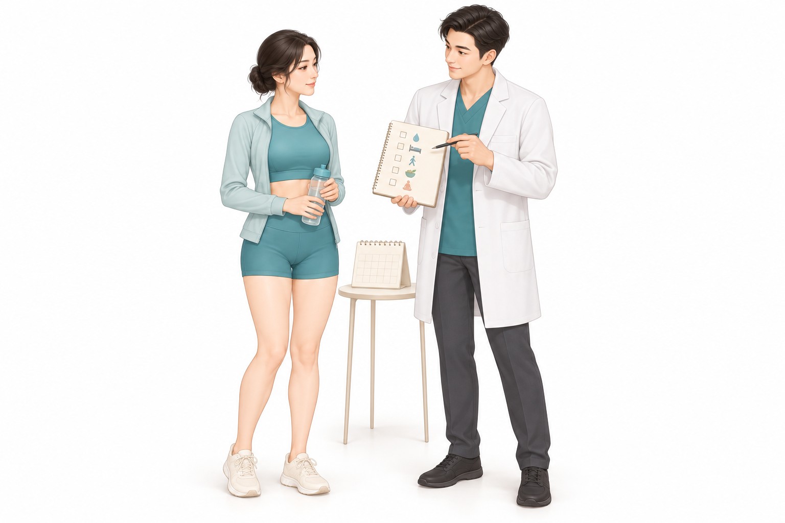 청록색 운동복 위에 얇은 집업을 걸친 여성이 흰 가운을 입은 의료진에게 관리 노트를 보며 수술 후 관리법과 경과 확인 일정을 안내받는 설명 일러스트